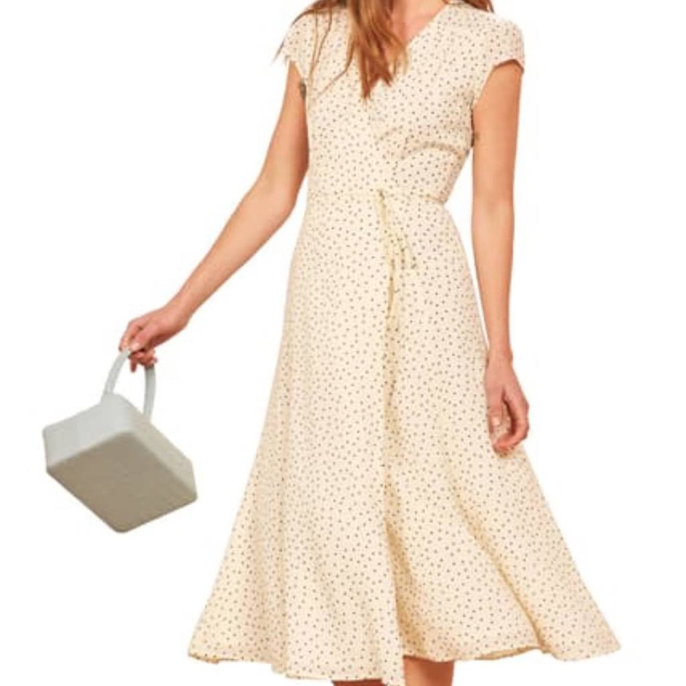 Reformation Carina Wrap Dress French Tea Picnic Dress, Polka Dot Size S